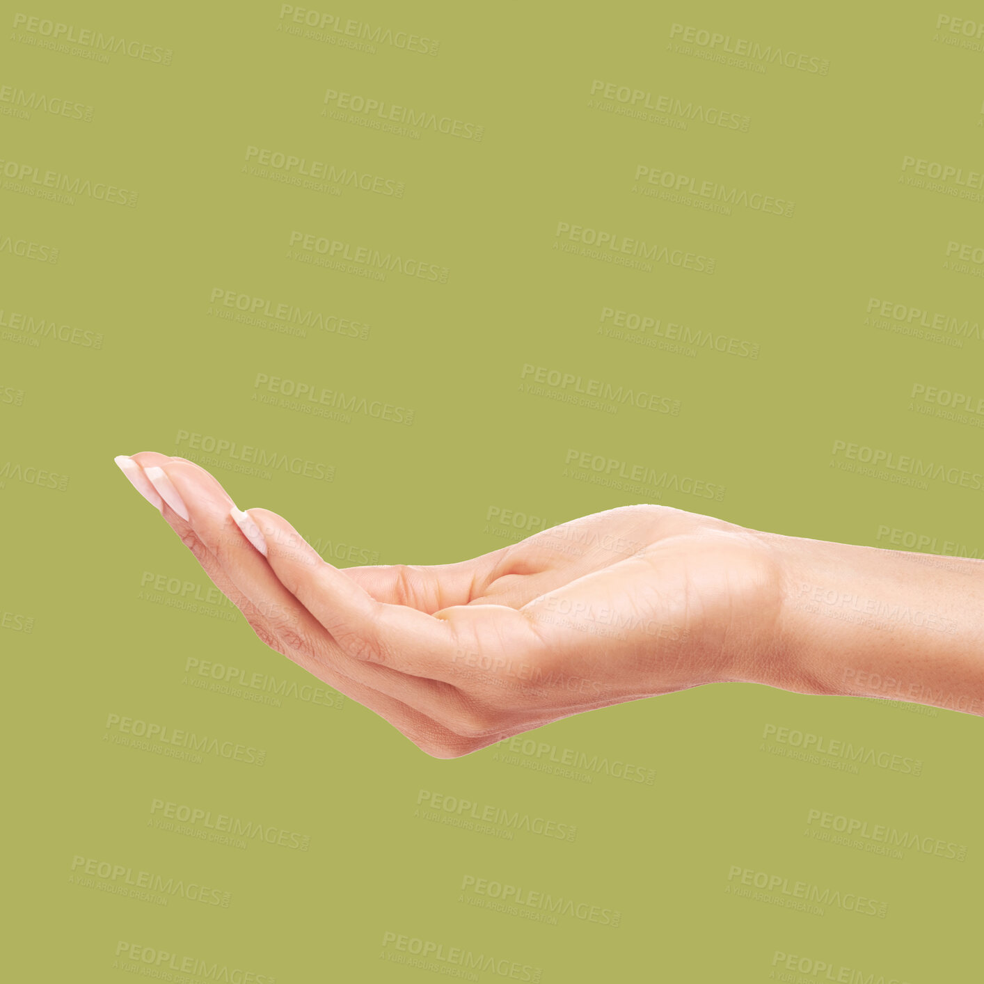 Buy stock photo Woman, hands and palm on mockup for product placement, advertising or marketing against a studio background. Hand of female reaching out for message, copy space or advertisement in body care
