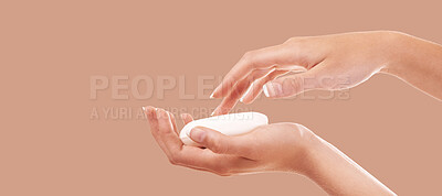 Buy stock photo Skincare, soap and zoom on washing hands on studio background mockup, product placement and advertising. Cleaning, hygiene and protection from germs, bacteria and organic natural skin care safety.