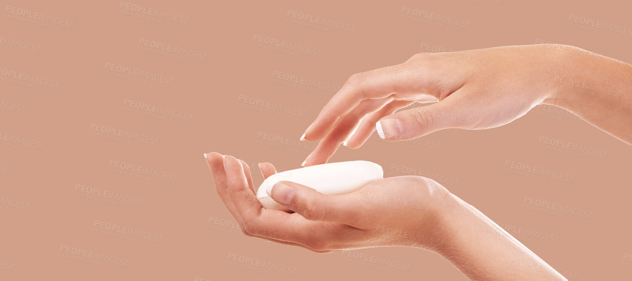 Buy stock photo Skincare, soap and zoom on washing hands on studio background mockup, product placement and advertising. Cleaning, hygiene and protection from germs, bacteria and organic natural skin care safety.
