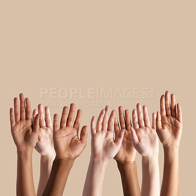 Buy stock photo Diversity mockup, reaching and group of hands on studio background for question, asking and vote. Teamwork, support and open palms of people raised for volunteering, voting and opinion on copy space