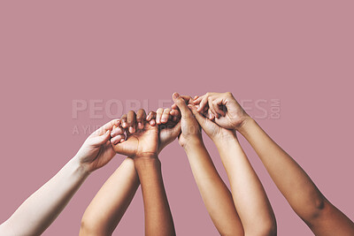 Buy stock photo Hands, support and people in unity, togetherness and solidarity on pink studio background. Women outreach, hand and friends group and team, teamwork or diversity, collaboration and trust isolated