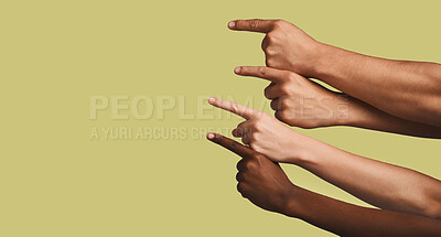 Buy stock photo Mockup, hands and group of people in studio with answer, gesture or sign against yellow background. Finger, direction and emoji hand showing solution, faq or about us, vote or opinion while isolated