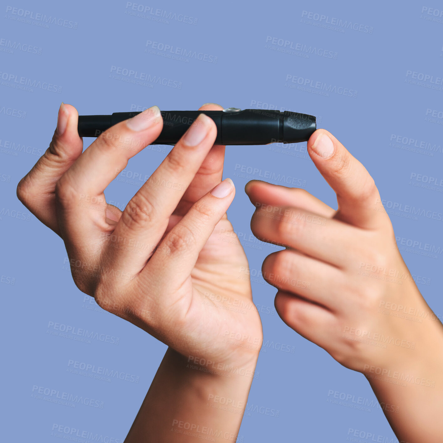 Buy stock photo Hands, woman and blood sugar pen for diabetes in healthcare, medical testing or diabetic medicine. Fingers, insulin poke and check glucose for wellness, diet and glucometer results on blue background
