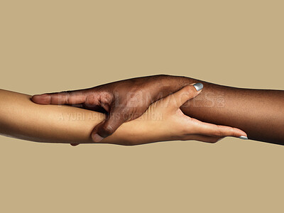 Buy stock photo Hands, diversity and support with people in studio on a brown background for unity or solidarity. Team building, partnership and trust with women holding arms in collaboration for help, care or love