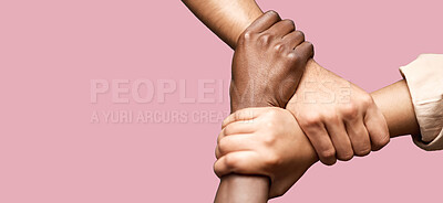 Buy stock photo People, diversity and hands together in teamwork collaboration for trust against a pink studio background. Diverse group of friends holding hand in unity, solidarity or community agreement on mockup