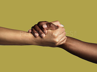 Buy stock photo Diversity, handshake and grip for unity, support or deal in trust or agreement against studio background. Diverse people shaking hands in partnership for meeting, greeting or motivation on mockup