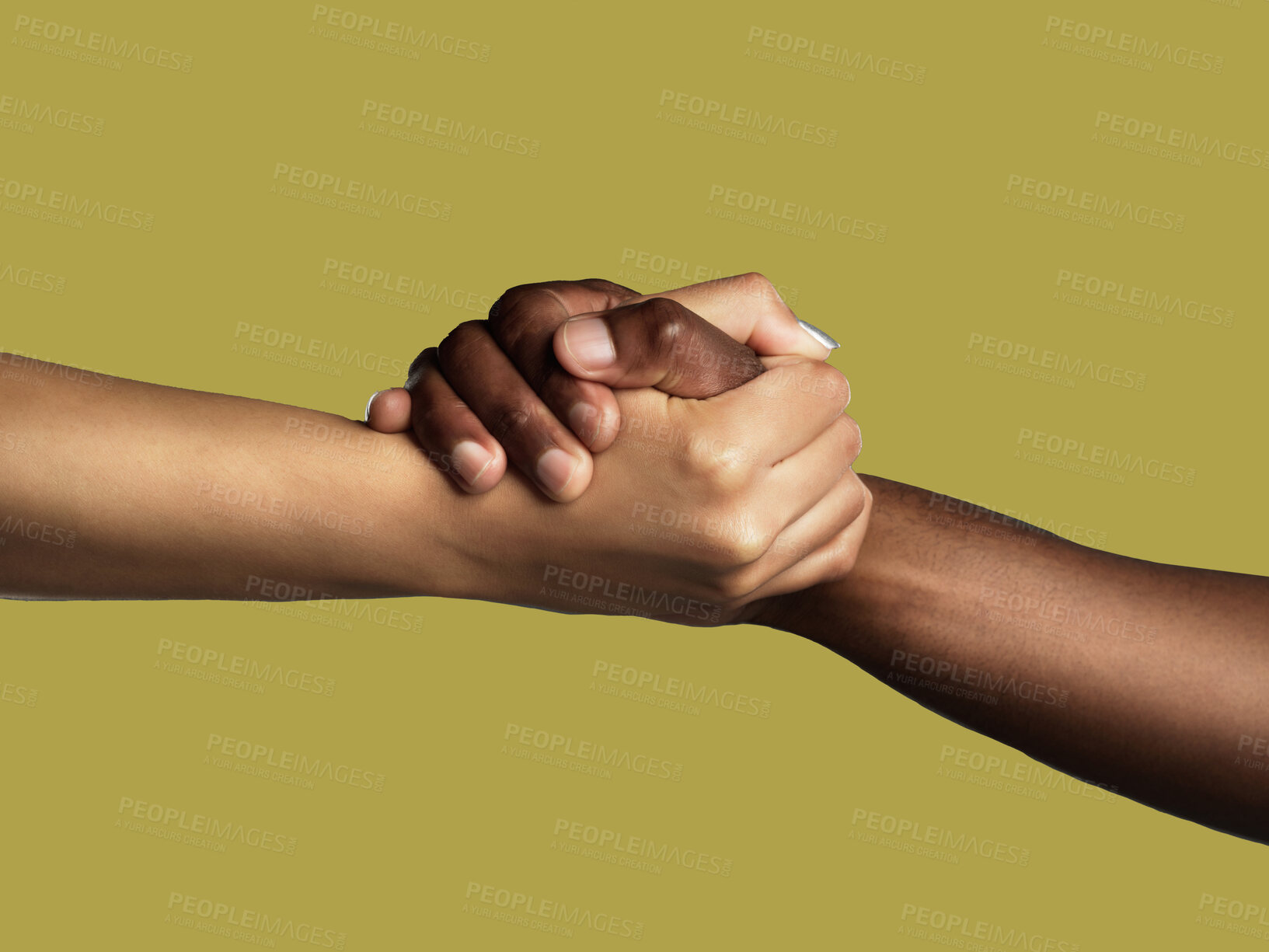 Buy stock photo Diversity, handshake and grip for unity, support or deal in trust or agreement against studio background. Diverse people shaking hands in partnership for meeting, greeting or motivation on mockup