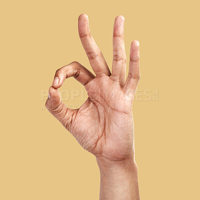 Buy stock photo Hands, perfect and ok sign of person in support, vote or approve decision on color background. Closeup fingers, yes and okay gesture of model with body language of agreement, emoji review and studio