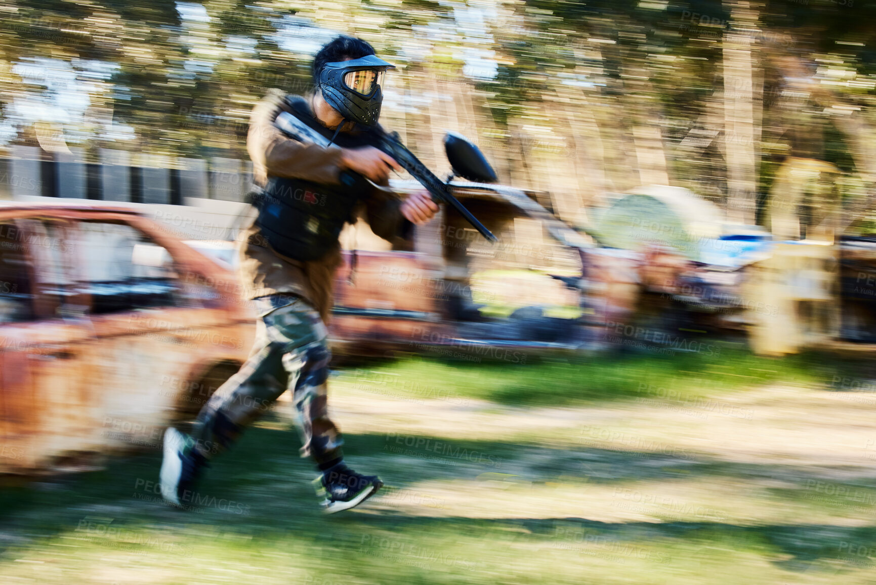 Buy stock photo Paintball, blurry action or man running in shooting game with speed or fast motion on fun battlefield. Mission focus, moving or war soldier with gun for survival in competition in nature or forest