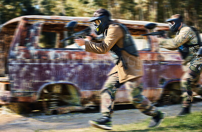 Buy stock photo Paintball, team work or people running in shooting game with speed or fast action on a fun battlefield. Mission focus, blurry caravan or men with guns for survival in competition in nature or forest