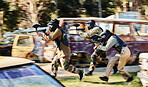 Team, paintball and army moving on the attack in extreme adrenaline sport, battle or war in the nature outdoors. Group of paintballers or soldiers in rush aiming down sights in teamwork engagement