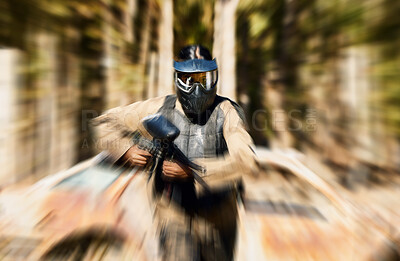 Buy stock photo Soldier, paintball and running with gun for intense battle or war in the forest pushing to attack. Active paintballer rushing or moving fast in extreme adrenaline sport for solo, weapon or camouflage