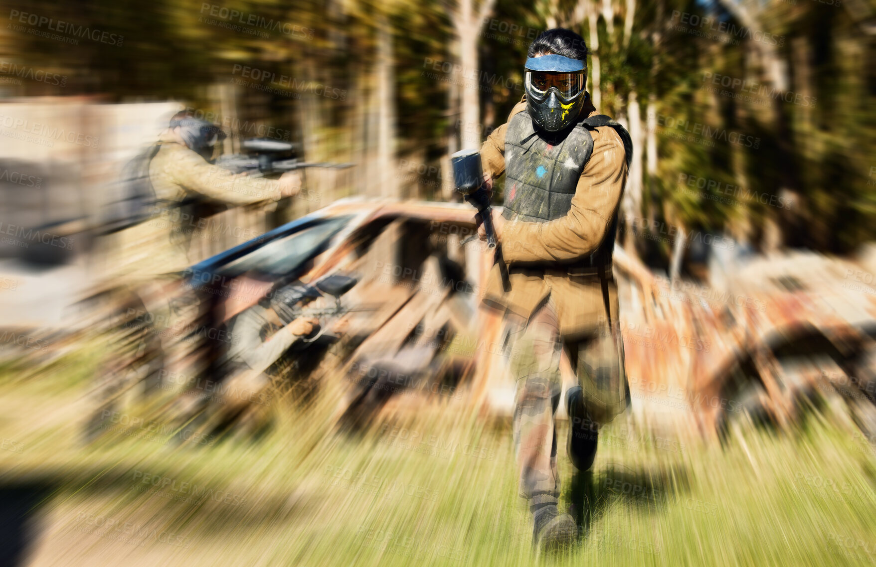Buy stock photo Soldier, paintball and running with gun for intense battle or war in the forest pushing to attack. Active paintballer rushing or moving fast in extreme adrenaline team sport with weapon or camouflage