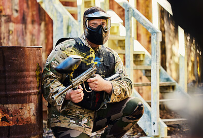 Buy stock photo Paintball, portrait or male soldier with gun in shooting game playing on fun training battlefield mission. Man or focused warrior with army weapons gear for survival in military challenge competition