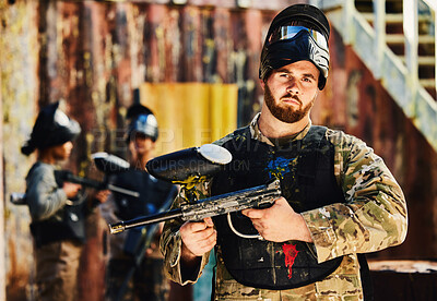 Buy stock photo Paintball, serious or portrait of man with gun in shooting game playing in action battlefield mission. War, hero or focused soldier with army weapons gear in survival military challenge competition