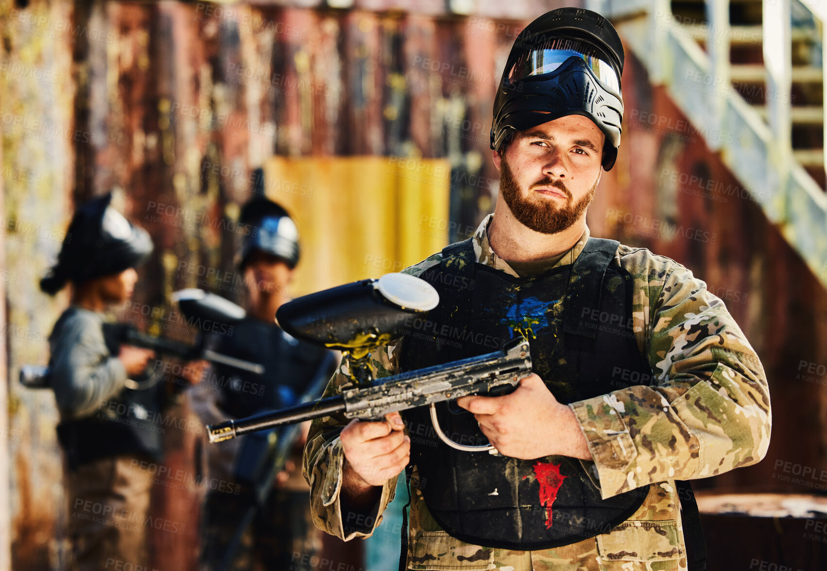 Buy stock photo Paintball, serious or portrait of man with gun in shooting game playing in action battlefield mission. War, hero or focused soldier with army weapons gear in survival military challenge competition