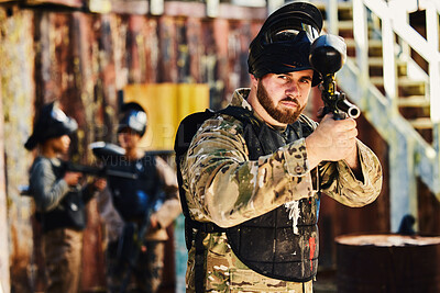 Buy stock photo Paintball, target or portrait of man with gun in shooting game playing in action battlefield mission. War, hero or focused soldier with army weapons gear in survival military challenge competition