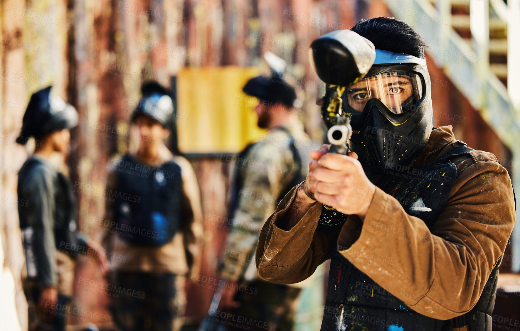 Buy stock photo Paintball, focus or portrait of man with gun in shooting game playing in action battlefield mission. War, hero or focused soldier with army weapons gear in survival military challenge competition