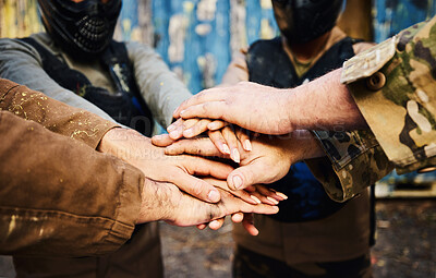 Buy stock photo Motivation, team building or hands in huddle on a mission, strategy or soldier training on paintball battlefield. War goals, collaboration or army people with support in partnership or military group