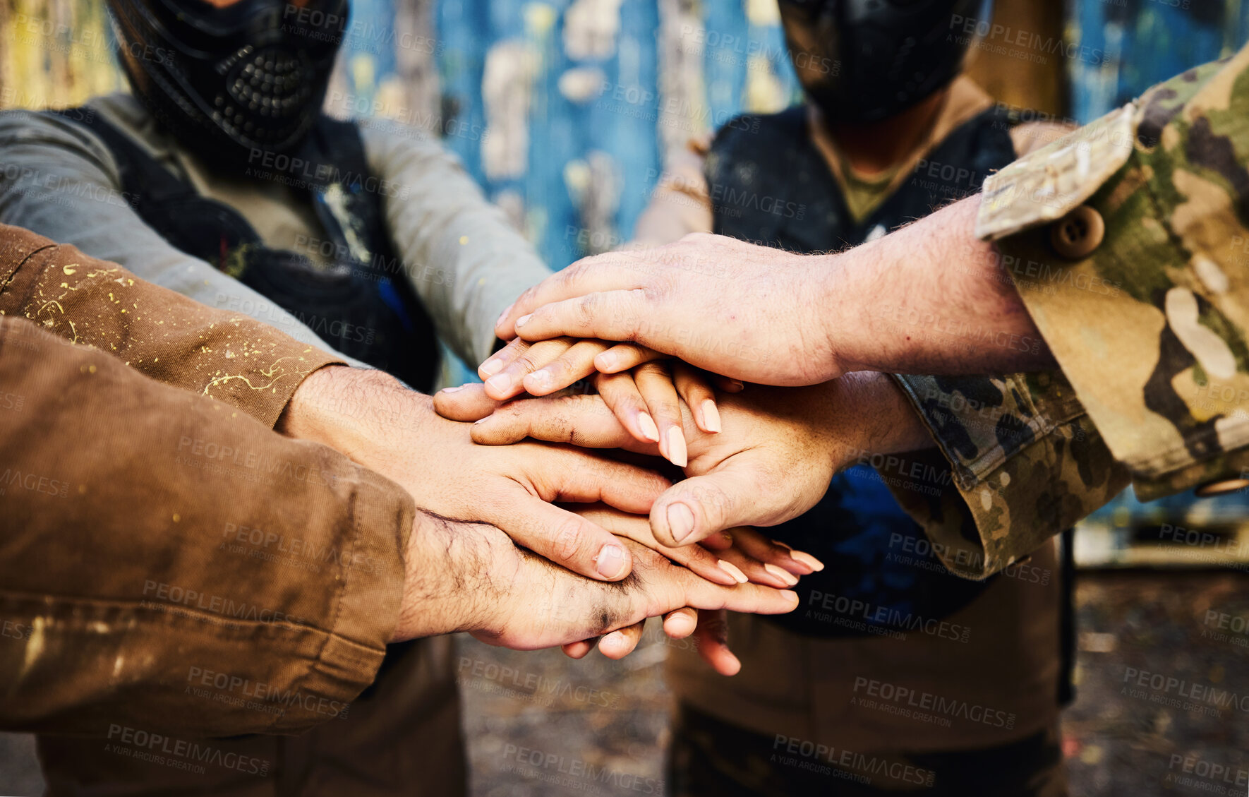 Buy stock photo Motivation, team building or hands in huddle on a mission, strategy or soldier training on paintball battlefield. War goals, collaboration or army people with support in partnership or military group