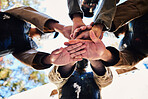 Goals, paintball team or hands in huddle for strategy, hope or soldier training on war battlefield. Mission, low angle or army people planning with support in partnership or military group solidarity