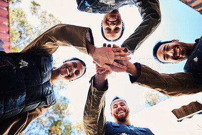 Buy stock photo Portrait, team motivation or hands in huddle for goals, hope or soldier training on war battlefield. Mission, low angle or happy army friends in solidarity and support in paintball or military group