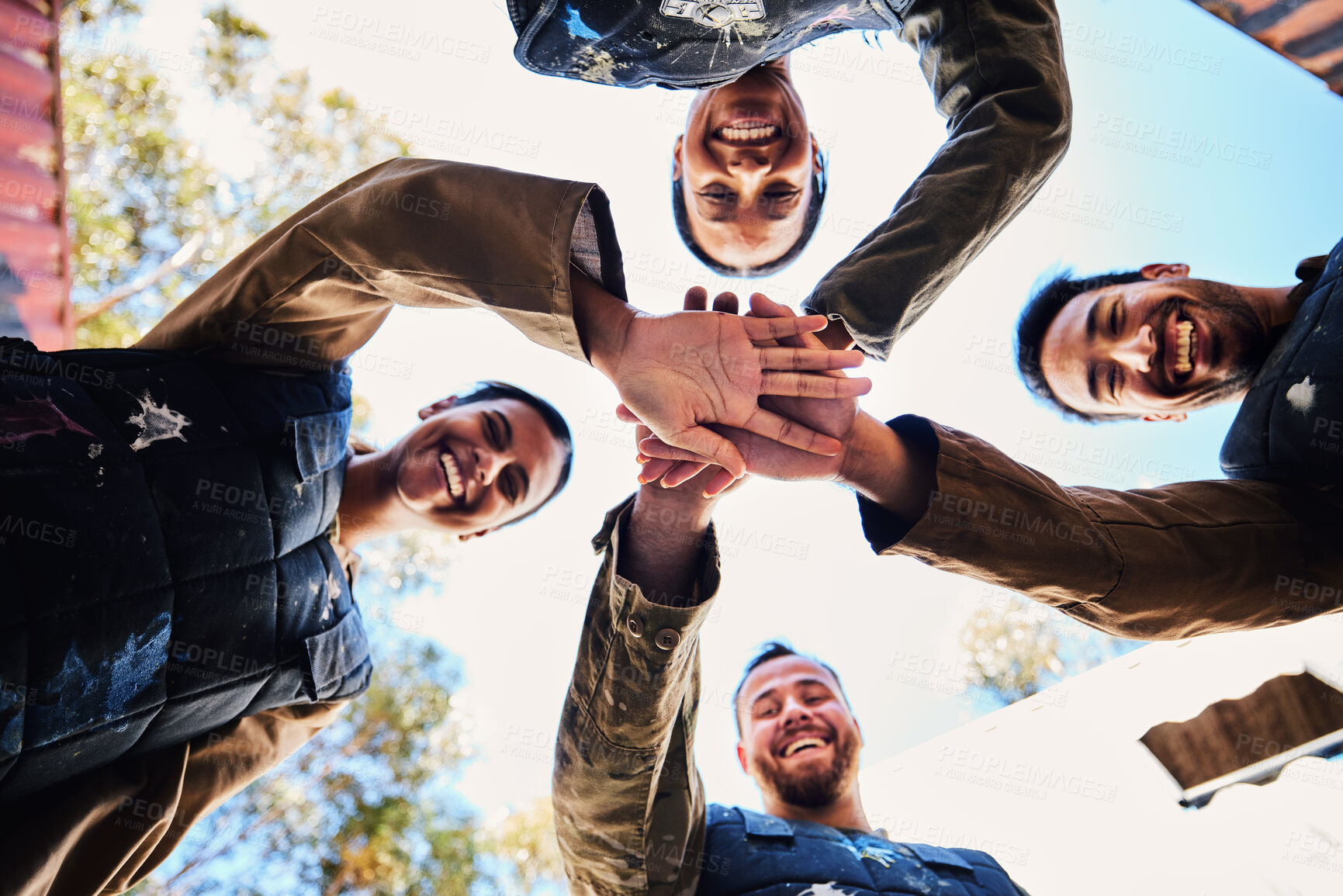 Buy stock photo Portrait, team motivation or hands in huddle for goals, hope or soldier training on war battlefield. Mission, low angle or happy army friends in solidarity and support in paintball or military group