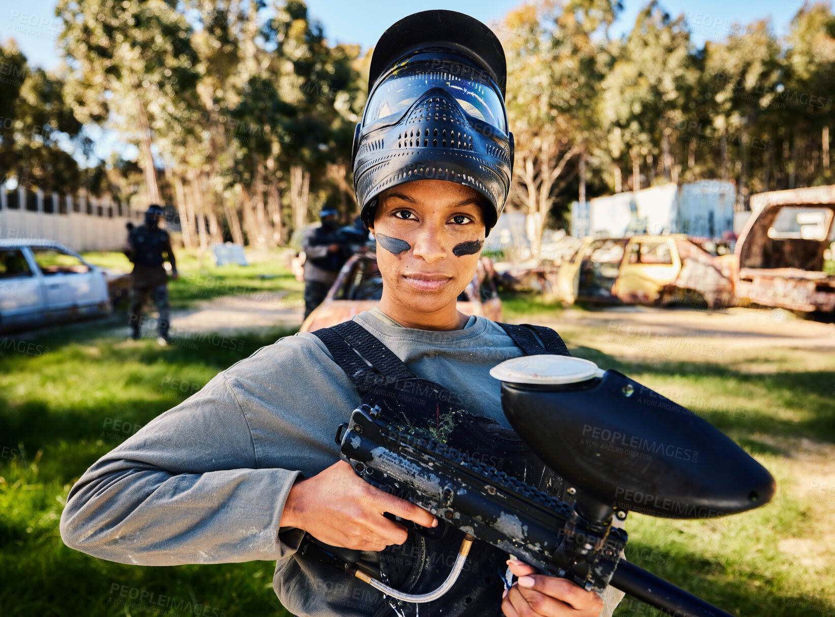 Buy stock photo Paintball, serious or portrait of woman with gun in shooting game playing in action battlefield mission. War, hero or focused soldier with army weapons gear in survival military challenge competition