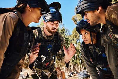 Buy stock photo Planning, paintball team or hands in huddle for strategy, hope or soldier training on war battlefield. Mission, game or serious army people speaking for support, collaboration or military group