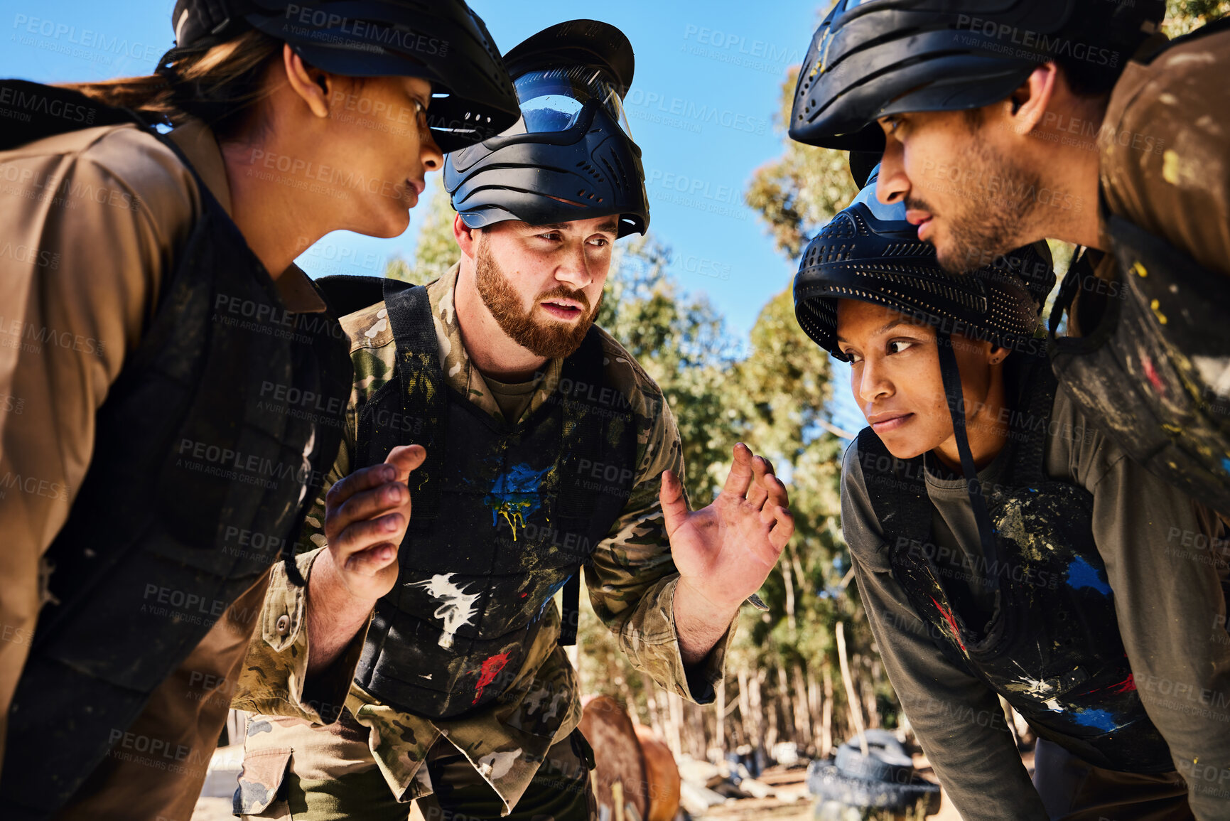 Buy stock photo Planning, paintball team or hands in huddle for strategy, hope or soldier training on war battlefield. Mission, game or serious army people speaking for support, collaboration or military group