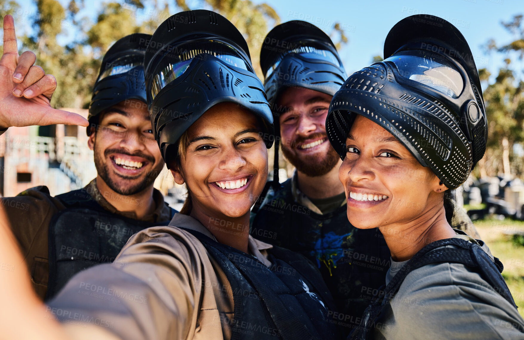 Buy stock photo Paintball, selfie or portrait of friends smile in military training with happy profile pictures in forest together. Faces, diversity or funny army people in photo after group games in target practice