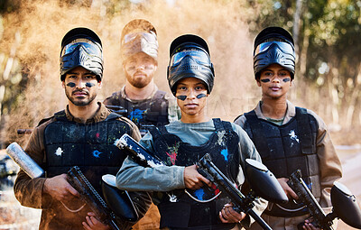 Buy stock photo Team, paintball and portrait of army ready for battle, war or intense combat in extreme adrenaline sports. Group of people standing with guns in teamwork preparation for mission or sport match