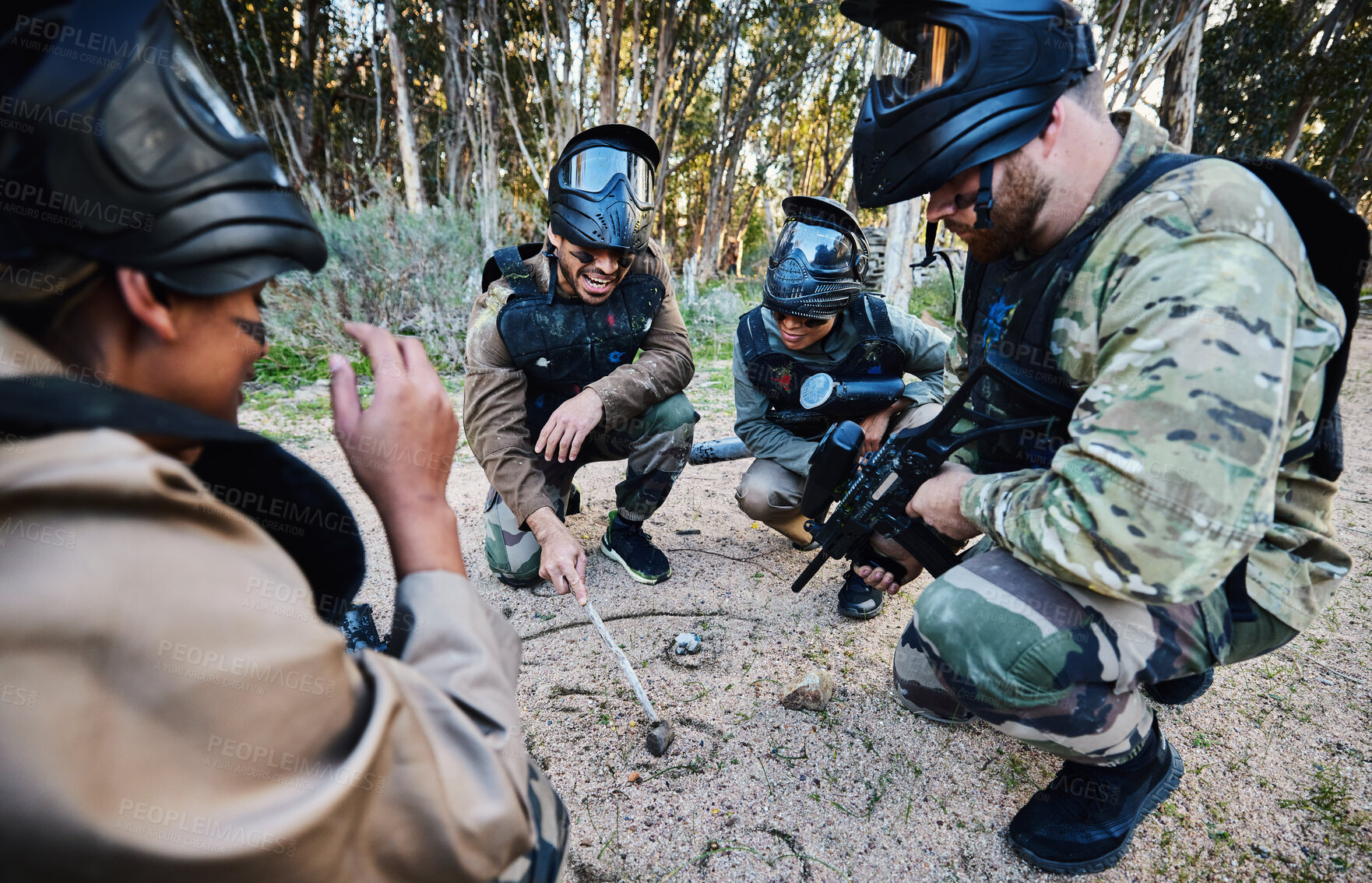 Buy stock photo Paintball, team and military strategy with mission, teamwork and war zone with sports outdoor. Soldier group, people planning tactical game plan on battlefield with adventure  and communication 