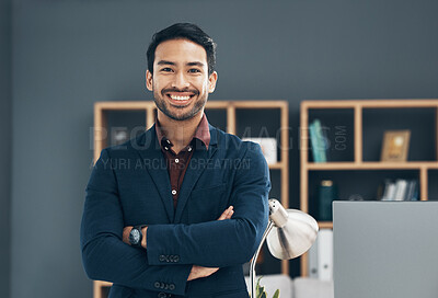 Buy stock photo Office portrait, CEO and business man happy for startup law firm, corporate development or company success. Happiness, workplace and Taiwan lawyer with pride in career, job or professional growth