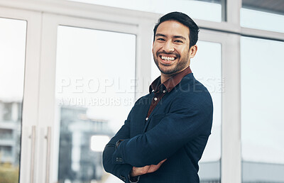 Buy stock photo Office portrait, leader and business man happy for startup law firm, corporate development or company success. Confident, workplace and Taiwan lawyer with pride in career, job or professional growth