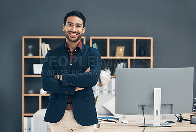 Buy stock photo Office portrait, confident smile and man happy for startup law firm, corporate development or company success. Happiness, workplace and Taiwan lawyer with pride in career, job or professional growth