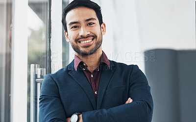 Buy stock photo Office portrait, leaning and man confident for startup entrepreneurship, corporate management or company success. Entrepreneur, human resources or happy HR smile for career, job or executive vocation