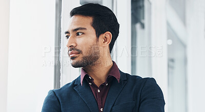 Buy stock photo Looking out window, vision and business man of startup company, leader entrepreneurship or corporate management. Thinking entrepreneur, human resources idea and HR manager contemplating job career