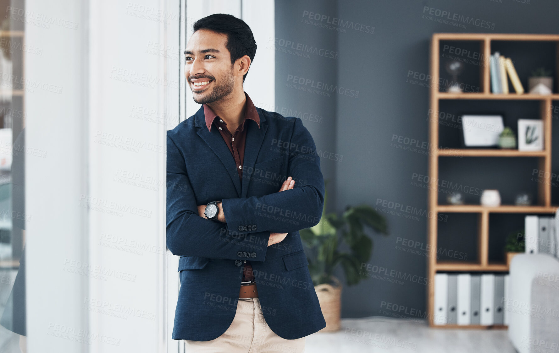 Buy stock photo Looking out window, business vision and happy man smile for startup company, entrepreneurship or corporate growth. Relax manager, human resources or Malaysia HR with career, job or executive vocation