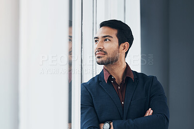 Buy stock photo Window, vision and architect man looking at real estate project, office view or business mission. Thinking realtor, leaning property developer or person planning architecture engineering development
