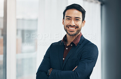 Buy stock photo Office portrait, manager and business man happy for startup law firm, corporate development or company success. Happiness, workplace and Taiwan lawyer with pride in career, job or professional growth