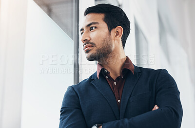 Buy stock photo Window, serious and architect man looking at real estate project, office view or business mission. Thinking realtor, property developer vision and person planning architecture engineering development