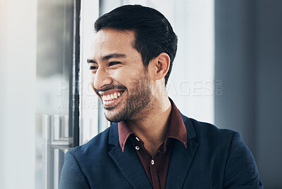 Buy stock photo Looking out window, vision and laughing person happy for startup company, entrepreneurship or corporate growth. HR manager, human resources or business man smile for career, job or executive vocation