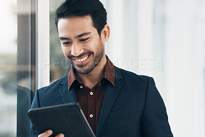 Buy stock photo Office, tablet and business man happy for positive financial savings, finance budget report or administration feedback. Growth analytics, data analysis review and person smile for research statistics