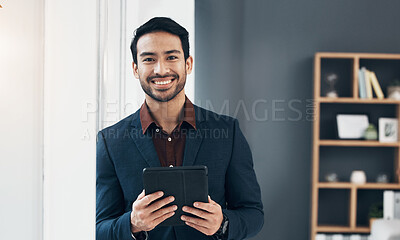 Buy stock photo Portrait, tablet and smile of business man in office with pride for career or job. Technology, ceo and Asian, professional or happy, confident and proud entrepreneur from Singapore with touchscreen.