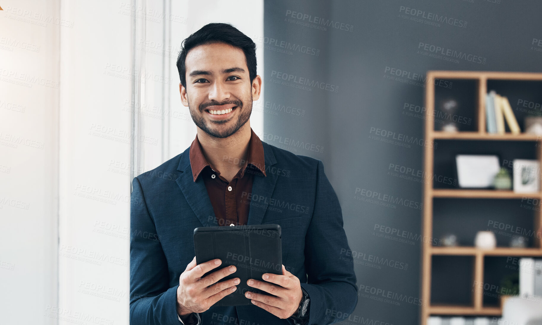 Buy stock photo Portrait, tablet and smile of business man in office with pride for career or job. Technology, ceo and Asian, professional or happy, confident and proud entrepreneur from Singapore with touchscreen.