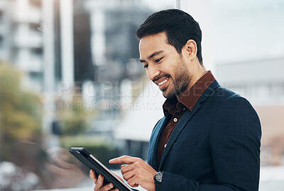 Buy stock photo Corporate tablet, happy and business man typing on digital dashboard, IOT or interactive smart tech for office automation. User internet of things, ui screen and manager programming software system
