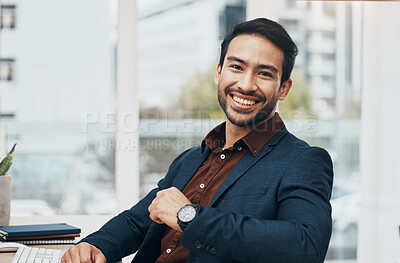 Buy stock photo Office portrait, smile and business man happy for startup law firm, corporate development or company success. Happiness, workplace and Taiwan lawyer with pride in career, job or professional growth