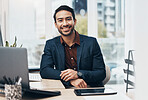 Portrait, smile and businessman or entrepreneur happy in an office for startup company with a positive mindset. Corporate, employee and professional worker confident and excited in the workplace
