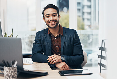 Buy stock photo Portrait, smile and businessman or entrepreneur happy in an office for startup company with a positive mindset. Corporate, employee and professional worker confident and excited in the workplace